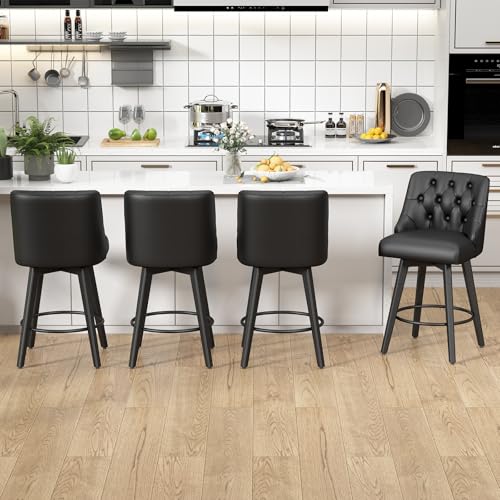 Set of 2 Black Counter Height Swivel Bar Stools with Back and Footrest - 26.8 Inch Linen Upholstered with Solid Wood Legs for Kitchen Island, Dining Room, Pub
