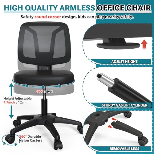 Armless Ergonomic Swivel Desk Chair with Adjustable Height for Small Spaces