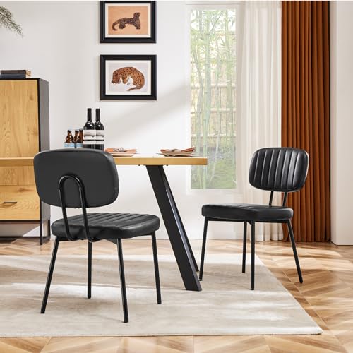 Set of 2 Sweetcrispy Mid-Century Modern Dining Chairs with Faux Leather Cushions - Black