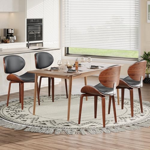 Mid-Century Modern Faux Leather Dining Chairs Set of 4 with Walnut Back and Adjustable Legs - Black