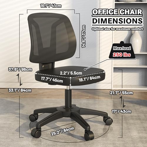 Armless Ergonomic Swivel Desk Chair with Adjustable Height for Small Spaces