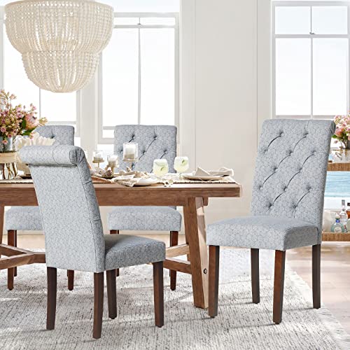 Set of 2 Blue Fabric Dining Chairs with Button Tufted Design for Kitchen or Dining Room