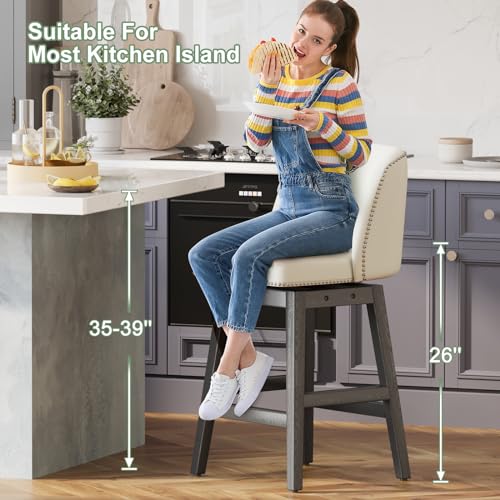 Set of 4 White 26'' Counter Height Swivel Bar Stools with Backs and Faux Leather Seats for Kitchen and Dining