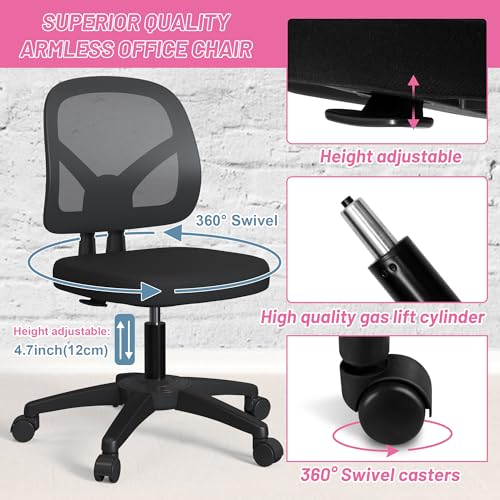 Adjustable Armless Office Chair with Lumbar Support and Mesh Back - Black