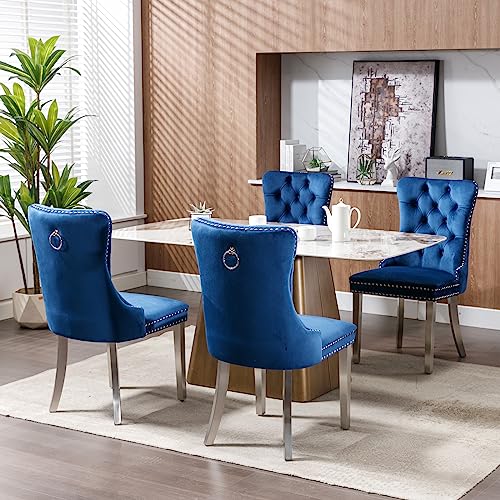 Set of 2 Blue Velvet Tufted Dining Chairs with Chrome Legs