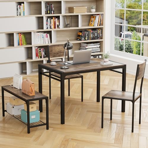 JUMMICO 43.3 Modern Dining Set for 4: Rectangular Table with Bench & 2 Chairs (Rustic Brown)