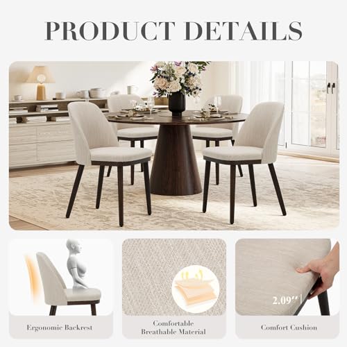 COLAMY Set of 4 Upholstered Dining Chairs, Modern Beige Fabric Side Chairs with Wood Legs for Kitchen and Dining Room