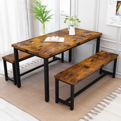 4-Person Farmhouse Dining Table Set with Benches, Industrial Style, Rustic Brown