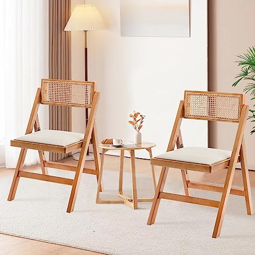 Mid Century Modern Wood & Rattan Folding Chairs for Kitchen and Patio