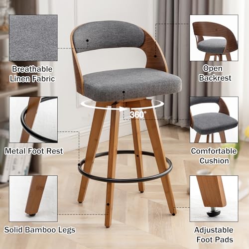 Set of 2 Modern Swivel Barstools with Wood Back and Bamboo Legs for Kitchen Island (26.8 Inch, Dark Gray)