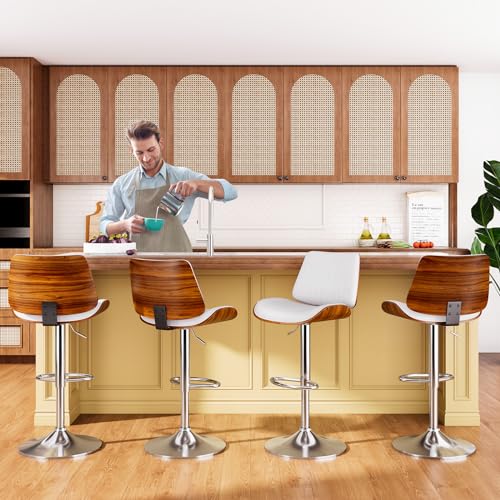 Set of 2 Black Swivel Bar Stools with Bentwood Back and Leather Seat for Kitchen Island and Counter