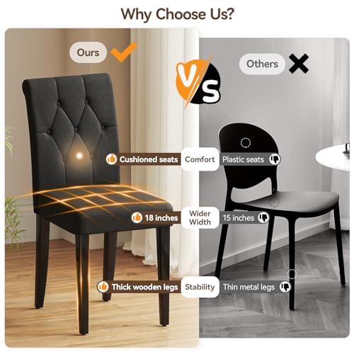 Set of 4 Black Upholstered Button Tufted Dining Chairs with Solid Wood Legs