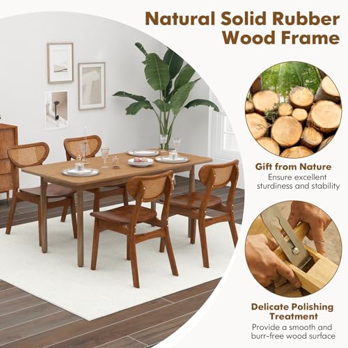 Giantex Set of 4 Armless Wooden Dining Chairs with Cane Backrest and Rubber Wood Legs, Walnut Farmhouse Accent Chairs, Max Load 265 lbs