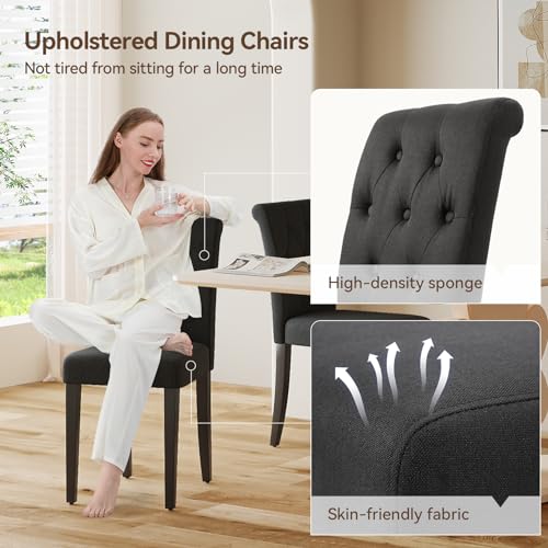 Set of 4 Black Upholstered Button Tufted Dining Chairs with Solid Wood Legs