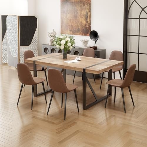 Modern 6-Person Dining Set: 71" Wood Table & Fabric Chairs