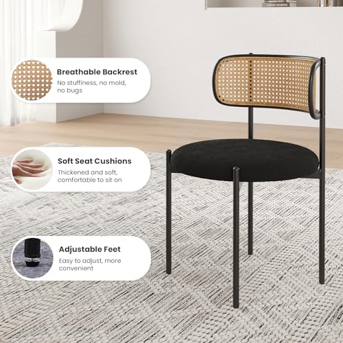 Set of 4 Farini Modern Upholstered Dining Chairs with Rattan Back and Metal Legs - Black