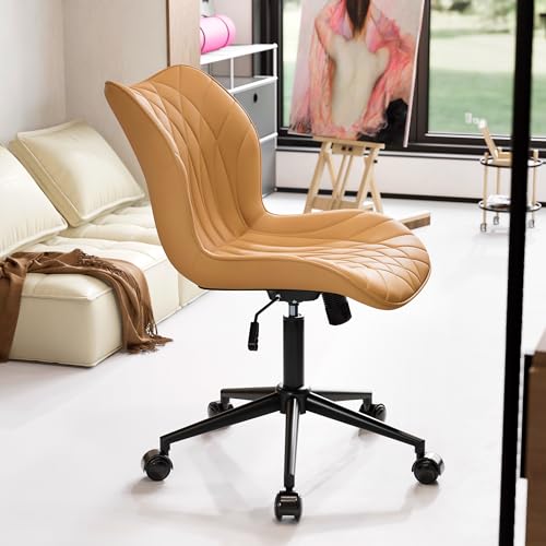 WKGZ INVESTCO Ergonomic Armless Office Chair with Wheels - Adjustable Faux Leather Swivel Chair (Camel)