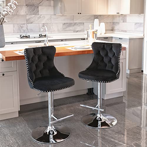 Adjustable Velvet Swivel Bar Stools Set of 2 with High Backs, Modern Design for Kitchen Islands and Dining Rooms - Black