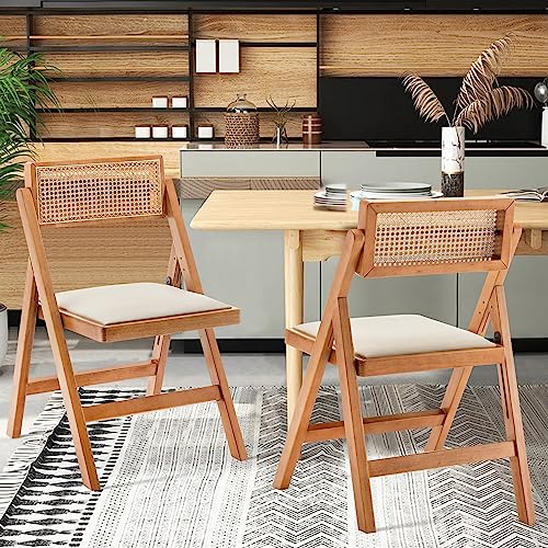 Set of 2 Mid Century Modern Wood Folding Chairs with Rattan for Kitchen and Patio Dining